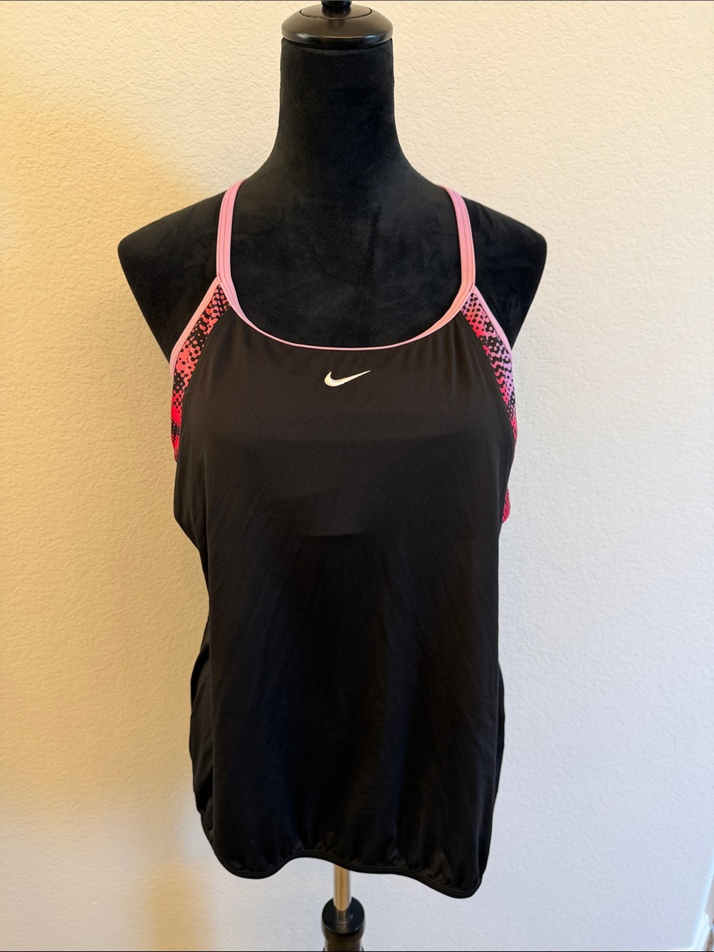 Nike Black Swim Tank with Pink Trim and Patterned Side Panels